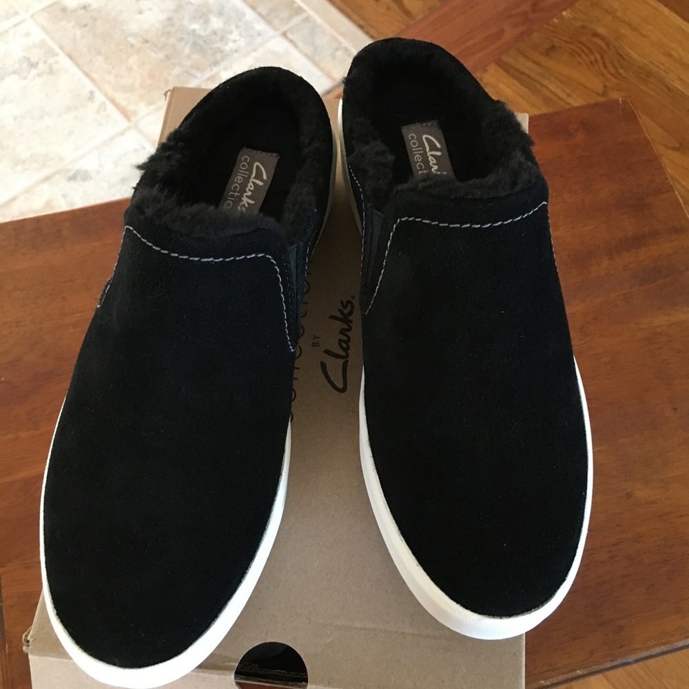 Clarks Collection black suede slip on mules.